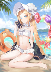 Rule 34 | 1girl, abigail williams (fate), abigail williams (swimsuit foreigner) (fate), abigail williams (swimsuit foreigner) (third ascension) (fate), absurdres, bare shoulders, barefoot, beach, bikini, black cat, black jacket, blonde hair, blue eyes, blue sky, bonnet, bow, breasts, cat, fate/grand order, fate (series), flat chest, forehead, hair bow, highres, huge filesize, innertube, jacket, kyo (maae00), legs, long hair, miniskirt, navel, parted bangs, revision, shore, sidelocks, sitting, skirt, sky, solo, swim ring, swimsuit, toes, twintails, very long hair, wariza, white bikini, white bow, white headwear