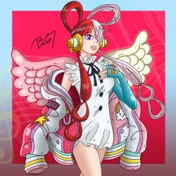 Rule 34 | 1girl, angel wings, bare legs, black ribbon, blush, border, breasts, buttons, cowboy shot, dress, eyelashes, floating hair, frilled dress, frills, hair over one eye, hair rings, hand on own chest, headphones, highres, hood, hood down, hooded jacket, jacket, lips, lobodetinta, long hair, long sleeves, looking to the side, multicolored clothes, multicolored hair, musical note, neck ribbon, one eye covered, one piece, one piece film: red, open clothes, open jacket, oversized clothes, pink jacket, puffy long sleeves, puffy sleeves, purple eyes, red hair, ribbon, sidelocks, sleeves past fingers, sleeves past wrists, solo, split-color hair, standing, teeth, two-tone hair, uta (one piece), white dress, white hair, white jacket, wide hips, wings