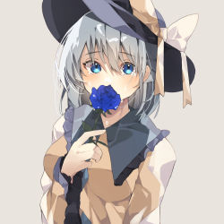 Rule 34 | 1girl, absurdres, black hat, blouse, blue eyes, blue flower, blue rose, blush, bow, breasts, collarbone, covering own mouth, crying, crying with eyes open, flower, frilled shirt collar, frills, grey background, grey hair, hair between eyes, hat, hat bow, higa (gominami), highres, holding, holding flower, komeiji koishi, long sleeves, looking at viewer, medium breasts, medium hair, rose, shirt, simple background, solo, tears, touhou, upper body, wide sleeves, yellow bow, yellow shirt