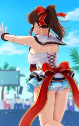 Rule 34 | 1girl, aqua skirt, ass, back bow, blue sky, blurry, blurry background, bow, breasts, brown hair, cloud, commentary request, crowd, extra, from behind, gloves, hair bow, hands up, highres, idol, idolmaster, idolmaster million live!, idolmaster million live! theater days, kamille (vcx68), large breasts, legs, long hair, miniskirt, multiple boys, nape, neckerchief, palm tree, ponytail, red bow, red neckerchief, sailor collar, satake minako, scapular, screen, senkou hanabi dan (idolmaster), shirt, short shorts, shorts, sidelocks, skirt, sky, sleeveless, sleeveless shirt, standing, standing on one leg, strapless, thighs, tree, waving, white gloves, white sailor collar, white shirt, white shorts, wrist cuffs