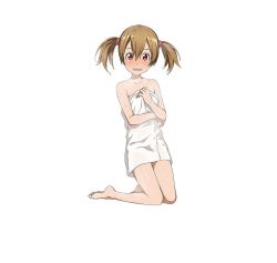 Rule 34 | 10s, 1girl, barefoot, brown eyes, brown hair, embarrassed, feet, full body, hair ornament, highres, long hair, naked towel, official art, silica, simple background, solo, sword art online, sword art online: code register, towel, twintails, wet, wet hair, white background