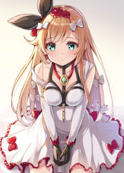 Rule 34 | 1girl, black gloves, black ribbon, blonde hair, blush, bow, breasts, chest harness, clarisse (granblue fantasy), clarisse (soleil blanc) (granblue fantasy), cleavage, closed mouth, collarbone, dress, earrings, flower, gloves, granblue fantasy, green eyes, hair bow, hair flower, hair ornament, hair ribbon, harness, jewelry, large breasts, long hair, long sleeves, looking at viewer, ominaeshi (takenoko), red bow, red flower, ribbon, sitting, solo, swept bangs, white bow, white dress