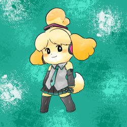 Rule 34 | 1girl, animal crossing, black skirt, blonde hair, brown eyes, cosplay, detached sleeves, dog girl, full body, furry, furry female, green skirt, grey sleeves, happy, hatsune miku, hatsune miku (cosplay), highres, isabelle (animal crossing), maaruutaa0, necktie, nintendo, open mouth, parody, personification, skirt, smile, solo, vocaloid