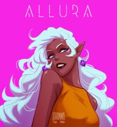 Rule 34 | 1girl, blue eyes, blue hair, character name, dark-skinned female, dark skin, earrings, facial mark, hyakujuu-ou golion, jewelry, johannathemad, long hair, looking to the side, matching hair/eyes, pink background, pointy ears, princess allura, simple background, solo, upper body, voltron: legendary defender, voltron (series), wavy hair
