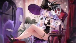 Rule 34 | 1girl, aqua eyes, black dress, black footwear, black gloves, blue hair, breasts, cake, candle, candy, cat, chair, cleavage, coat, double-parted bangs, dress, eating, food, fork, full body, fur coat, ghost, gloves, gradient hair, hansum, hat, high heels, highres, holding, holding candy, holding food, holding fork, jewelry, lock, long hair, looking at viewer, medium breasts, multicolored hair, multiple necklaces, necklace, phase connect, picture frame, plant, potted plant, purple hair, shisui michiru (phase connect), sidelocks, sitting, table, thigh strap, tongue, tongue out, very long hair, virtual youtuber, window, witch, witch hat
