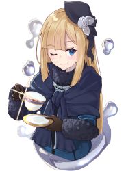 Rule 34 | 1girl, ;), beret, black hat, black ribbon, blonde hair, blue dress, blue eyes, blunt bangs, blush, closed mouth, commentary request, cropped torso, cup, dress, fate (series), flower, fur collar, glint, hat, highres, holding, holding cup, holding saucer, long hair, lord el-melloi ii case files, one eye closed, reines el-melloi archisorte, ribbon, rose, saucer, simple background, smile, solo, tapioka (oekakitapioka), tea, teacup, tilted headwear, very long hair, white background, white flower, white rose