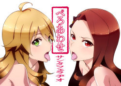 Rule 34 | 2girls, bad id, bad pixiv id, bare shoulders, blonde hair, brown hair, female focus, green eyes, hairband, hoshii miki, idolmaster, idolmaster (classic), long hair, minase iori, multiple girls, nude, open mouth, red eyes, sexually suggestive, text focus, tkhs, tongue, tongue out, translation request