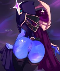 Rule 34 | 1girl, anus, artist name, ass, back, blue eyes, commission, costume, from behind, gender request, genderswap, hood, hood up, jhin, league of legends, looking at viewer, looking back, pacha (pachastuff), pussy, shiny skin, solo, star (symbol), starry background, uncensored