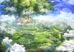 Rule 34 | chrono dragon, city, cliff, cloud, dragon, forest, landscape, miyai haruki, moon, mountain, nature, no humans, original, river, scenery, sky, tree, water