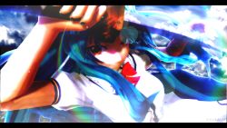 Rule 34 | 1girl, 3d, arm up, bad id, bad pixiv id, blouse, blue hair, bow, bowtie, brown eyes, buttons, cloud, hand up, highres, hinanawi tenshi, holding, holding sword, holding weapon, lens flare, letterboxed, long hair, looking at viewer, mikumikudance (medium), no headwear, puffy short sleeves, puffy sleeves, red bow, ririkku, shirt, short sleeves, sky, smile, sword, touhou, upper body, weapon, white shirt, wing collar