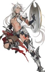 Rule 34 | 1girl, animal ears, armlet, armor, armored boots, asymmetrical gloves, black bikini bottom, black gloves, black thighhighs, blue eyes, body markings, boots, breasts, caenis (fate), clenched hand, dark-skinned female, dark skin, elbow gloves, fate/grand order, fate (series), full body, gauntlets, gloves, grin, headpiece, highres, holding, holding polearm, holding shield, holding weapon, horse ears, leg up, long hair, looking up, medium breasts, mimulishizi, parted lips, pauldrons, polearm, ponytail, shield, shoulder armor, silver footwear, simple background, single thighhigh, smile, solo, spear, thigh strap, thighhighs, torn clothes, torn thighhighs, uneven gloves, waist cape, weapon, white background, white hair
