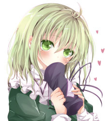 Rule 34 | 1girl, bad id, bad pixiv id, blush, covering face, covering own mouth, covering privates, dress, female focus, green dress, green eyes, green hair, hat, heart, highres, holding, holding clothes, holding hat, looking at viewer, matching hair/eyes, nanase nao, short hair, simple background, soga no tojiko, solo, tate eboshi, touhou, unworn hat, unworn headwear, upper body, white background
