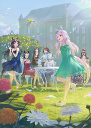 Rule 34 | 6+girls, :d, ^ ^, ahoge, animal, animal ears, bare shoulders, bird, black hair, blue dress, blue eyes, blue hair, blue pants, blue skirt, blue sky, blush stickers, breasts, brown footwear, brown hair, building, chair, cleavage, closed eyes, closed mouth, collarbone, commentary request, crop top, crossed legs, cup, day, denim, dress, flat chest, flower, full body, green dress, green footwear, green pants, hair between eyes, hair ornament, hairclip, high heels, highres, holding, holding saucer, holding tray, horse ears, horse girl, horse tail, jacket, japanese white-eye, jeans, large breasts, legs, long hair, long sleeves, medium breasts, mejiro ardan (umamusume), mejiro bright (umamusume), mejiro dober (umamusume), mejiro family (umamusume), mejiro mcqueen (umamusume), mejiro palmer (umamusume), mejiro ramonu (umamusume), mejiro ryan (umamusume), midriff, multicolored hair, multiple girls, nabe puyo, navel, hugging object, on chair, one side up, open mouth, outdoors, pants, pillow, pillow hug, puffy short sleeves, puffy sleeves, purple dress, purple eyes, purple hair, sandals, saucer, shadow, shirt, short sleeves, sidelocks, sitting, skirt, sky, smile, standing, standing on one leg, streaked hair, swept bangs, table, tail, teacup, toes, tray, two-tone hair, umamusume, white flower, white footwear, white hair, white jacket, white shirt, wide sleeves, window, yawning