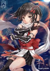 Rule 34 | 10s, 1girl, asymmetrical legwear, black skirt, black theme, blush, brown eyes, brown hair, character name, commentary request, elbow gloves, fingerless gloves, gloves, hair ornament, holding, jpeg artifacts, kantai collection, looking at viewer, night, revision, sakiyamama, scarf, sendai (kancolle), sendai kai ni (kancolle), shiny clothes, shiny skin, signature, single thighhigh, skirt, sleeveless, smile, solo, thighhighs, torpedo, twintails, twitter username, two side up, uneven legwear, weapon, white scarf