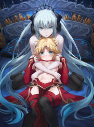 Rule 34 | 2girls, absurdres, armor, bad id, bad twitter id, bandeau, bare shoulders, black bow, black legwear, blonde hair, blue eyes, blush, bow, braid, breasts, detached sleeves, fate/apocrypha, fate/grand order, fate (series), faulds, french braid, green eyes, grey hair, hair bow, highres, large breasts, long hair, looking at viewer, lying, mordred (fate), mordred (fate/apocrypha), morgan le fay (fate), mother and daughter, multiple girls, navel, on back, parted bangs, pelvic curtain, ponytail, sidelocks, sitting, small breasts, thighhighs, thighs, tonee, very long hair, wariza