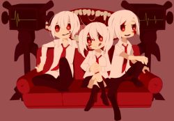 Rule 34 | .flow, 1girl, 2boys, :p, bad id, bad pixiv id, black pants, black skirt, blood, collared shirt, couch, happy, kaibutsu, long hair, multiple boys, necktie, pants, red eyes, red neckwear, red upholstery, sakurakunet, school uniform, shirt, short hair, sitting, skirt, smile, tongue, tongue out, twintails, white hair