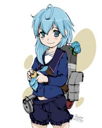 Rule 34 | 10s, 1girl, 2017, 4suke, ahoge, artist name, asymmetrical hair, blue eyes, blue hair, blue shirt, blush, closed mouth, collarbone, cowboy shot, crescent, crescent moon, crescent pin, dated, flower, hair between eyes, kantai collection, leaf, long sleeves, looking at viewer, machinery, minazuki (kancolle), moon, pin, pocket, purple shorts, school uniform, serafuku, shirt, short hair, short hair with long locks, shorts, simple background, smile, solo, standing, tie clip, white background