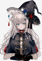 Rule 34 | 1girl, animal ear fluff, animal ears, ascot, black ascot, black coat, black gloves, black hat, blue eyes, bow, brooch, cat ears, chiemo (xcem), choker, coat, crescent, crescent hat ornament, flower, frilled hat, frills, gloves, grey hair, hair bun, hat, hat bow, hat flower, hat ornament, jewelry, long hair, looking at viewer, original, simple background, single hair bun, smile, solo, toggles, upper body, white background, witch, witch hat