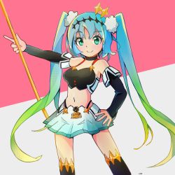 Rule 34 | 1girl, bare shoulders, black choker, black sleeves, black thighhighs, blue hair, blush, breasts, choker, closed mouth, commentary request, detached sleeves, gradient hair, green eyes, green hair, grey background, hatsune miku, highres, holding, long hair, long sleeves, looking at viewer, mamagogo (gomaep), medium breasts, multicolored hair, outstretched arm, pink background, racing miku, skirt, smile, solo, thighhighs, twintails, two-tone background, very long hair, vocaloid, white skirt
