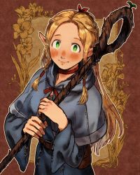 Rule 34 | 1girl, absurdres, blonde hair, blue dress, blue hood, blush, braid, braided bangs, dress, dungeon meshi, elf, green eyes, highres, jewelry, long hair, looking at viewer, marcille donato, necklace, pointy ears, pouch, red ribbon, ribbon, shako (shaco flat), smile, staff