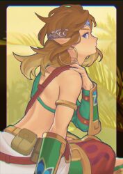 Rule 34 | 1boy, bare shoulders, blue eyes, brown hair, earrings, from side, gem, hand on own shoulder, highres, hoop earrings, ivy (sena0119), jewelry, link, long hair, male focus, nintendo, official alternate costume, outdoors, pants, plant, pointy ears, pouch, sitting, solo, the legend of zelda, the legend of zelda: breath of the wild