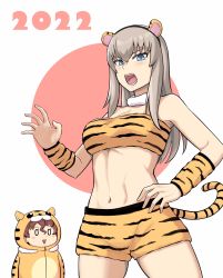 Rule 34 | 0 0, 1girl, 2022, abs, akaboshi koume, animal costume, animal ears, animal hood, animal print, arm warmers, bare shoulders, blue eyes, breasts, brown hair, chinese zodiac, claw pose, cleavage, commentary, fake animal ears, fake tail, frown, fur collar, girls und panzer, hand on own hip, highres, hood, hood up, itsumi erika, long sleeves, looking at another, looking at viewer, medium breasts, medium hair, navel, new year, open mouth, orange shirt, orange shorts, print shirt, print shorts, shirt, short hair, short shorts, shorts, silver hair, smile, solo, standing, strapless, tail, tiger costume, tiger ears, tiger hood, tiger print, tiger tail, tube top, year of the tiger, yougata