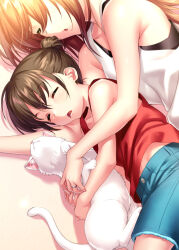Rule 34 | animal, bare shoulders, brown hair, cat, child, closed eyes, collarbone, hug, little busters!, mother and son, natsume rin, shirt, short ponytail, short sleeves, shorts, sleeping, zen (kamuro)