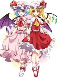 Rule 34 | 2girls, arm garter, ascot, bad id, bad twitter id, bat wings, blonde hair, blue hair, blush, bobby socks, bow, brooch, clothes lift, crystal, fingernails, flandre scarlet, frilled shirt collar, frills, full body, holding hands, hat, hat ribbon, ikamiso9898, interlocked fingers, jewelry, kanon (ikamiso), lifted by self, looking at viewer, mary janes, mob cap, multiple girls, nail polish, parted lips, pink shirt, pink skirt, puffy short sleeves, puffy sleeves, red bow, red eyes, red footwear, red nails, red ribbon, red shirt, red skirt, remilia scarlet, ribbon, sash, sharp fingernails, shirt, shoes, short hair, short sleeves, siblings, side ponytail, sisters, skirt, skirt hold, skirt lift, skirt set, smile, socks, touhou, white background, white footwear, white legwear, wings, wrist cuffs