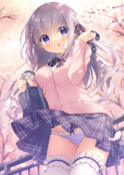 Rule 34 | 1girl, :o, bag, black skirt, blue panties, blush, bow, bow panties, braid, branch, breasts, cardigan, clothes lift, collared shirt, commentary request, flower, frilled thighhighs, frills, grey hair, hair between eyes, hair ornament, hairclip, hand up, holding, holding bag, long hair, looking at viewer, medium breasts, open mouth, original, panties, pink cardigan, pleated skirt, polka dot, polka dot panties, purple eyes, railing, school bag, school uniform, shirt, skirt, skirt lift, sleeves past wrists, solo, star (symbol), star hair ornament, thighhighs, tree, underwear, very long hair, white flower, white shirt, white thighhighs, yukie (peach candy)