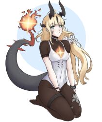Rule 34 | 1girl, ahoge, aqua eyes, arknights, black pantyhose, blonde hair, blunt bangs, blush, bodystocking, bracelet, breasts, cleavage, closed mouth, commentary, covered navel, dragon girl, dragon horns, dragon tail, dress, fangs (fangs art), fiery tail, fire, flame-tipped tail, flower, full body, glowing, hair flower, hair ornament, highleg, highleg leotard, horns, infection monitor (arknights), jewelry, kneeling, leotard, light in heart, long hair, looking at viewer, medium breasts, pantyhose, reed (arknights), reed the flame shadow (arknights), short sleeves, sidelocks, simple background, sitting, solo, sparkle, tail, thigh strap, thighs, very long hair, wariza, white background, white flower