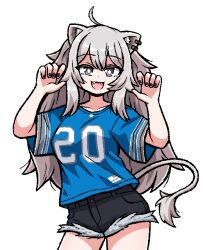 Rule 34 | 1girl, ahoge, animal ear piercing, animal ears, black nails, black shorts, blue shirt, breasts, commentary, contrapposto, cowboy shot, earrings, fangs, grey eyes, grey hair, hashtag-only commentary, hololive, ink (inksgirls), jersey, jewelry, large breasts, lion ears, lion girl, lion tail, open mouth, paw pose, shirt, shishiro botan, short shorts, shorts, single earring, smile, solo, tail, virtual youtuber
