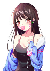 Rule 34 | 1girl, :3, bare shoulders, black shirt, blunt bangs, blush, breasts, brown eyes, brown hair, blowing bubbles, charm (object), chewing gum, cleavage, collarbone, d.va (overwatch), eyebrows, facepaint, facial mark, highres, holding, jacket, long hair, looking at viewer, niji (rudduf232), off shoulder, overwatch, overwatch 1, shirt, simple background, sleeveless, sleeveless shirt, smile, solo, upper body, whisker markings, white background