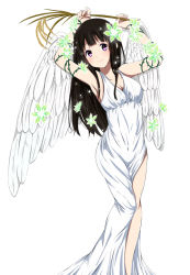 Rule 34 | 10s, 1girl, angel, angel wings, armpits, arms up, black hair, breasts, chitanda eru, cleavage, dress, flower, hair flower, hair ornament, holding, hyouka, long hair, looking at viewer, pink eyes, ragho no erika, smile, solo, wheat, white background, white dress, white wings, wings