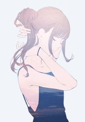 Rule 34 | 1girl, bare shoulders, blue background, blue dress, blunt bangs, bracelet, closed eyes, closed mouth, cloud, dress, from side, highres, jewelry, long hair, original, ponytail, simple background, solo, sousou (sousouworks)