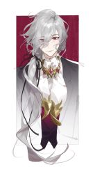Rule 34 | 1boy, alternate eye color, alternate hairstyle, brooch, capelet, commentary, e (h798602056), edmond dantes (fate), fate/grand order, fate (series), grey hair, highres, jewelry, long coat, long hair, looking at viewer, male focus, no headwear, no headwear, official alternate costume, ponytail, red eyes, smile, solo, upper body, white capelet