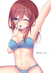 Rule 34 | 1girl, ;o, arm up, armpits, bare shoulders, blue bra, blue nails, blue panties, blush, bra, breasts, brown eyes, brown hair, cleavage, collarbone, commentary request, go-toubun no hanayome, groin, hair between eyes, long hair, medium breasts, nail polish, nakano miku, navel, one eye closed, panties, parted lips, satori (ymoy), simple background, sitting, sleepy, solo, stretching, twitter username, underwear, underwear only, waking up, white background, yawning