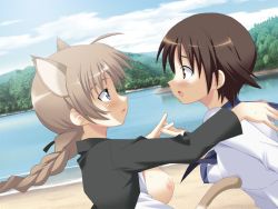 Rule 34 | 2girls, animal ears, blue eyes, blush, braid, braided ponytail, breasts, breasts out, brown eyes, brown hair, cat ears, cat tail, large breasts, long hair, looking at another, lynette bishop, miyafuji yoshika, multiple girls, nagase yutaka, nipples, no bra, outdoors, ponytail, short hair, small breasts, strike witches, tail, world witches series, yuri