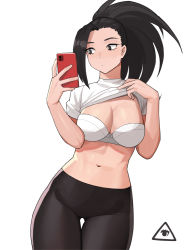 Rule 34 | 1girl, artist logo, black eyes, black hair, black leggings, boku no hero academia, bow, bow bra, bra, breasts, cellphone, cleavage, clothes lift, commentary, contrapposto, cowboy shot, donburi (donburikazoku), gluteal fold, hands up, holding, holding phone, large breasts, leggings, long hair, looking at phone, navel, phone, ponytail, shirt, shirt lift, simple background, smartphone, solo, standing, strapless, strapless bra, thigh gap, underwear, white background, white bra, white shirt, yaoyorozu momo