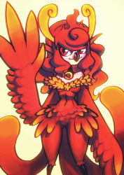 Rule 34 | 1girl, beak, bird, breasts, detached collar, feathered wings, harpy, koi drake, long hair, monster girl, original, phoenix, red eyes, red hair, small breasts, smile, solo, waving, winged arms, wings