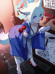 Rule 34 | 1girl, :d, absurdres, animal ears, bath yukata, bent over, blue archive, blush, bottle, breasts, candy apple, cleavage, commentary, commentary request, downblouse, feet, fireworks, food, grey kimono, halo, heart, highres, holding, holding bottle, holding food, japanese clothes, kimono, leaning forward, looking at viewer, medium breasts, official alternate costume, open mouth, plentyofempty, purple eyes, sandals, shigure (blue archive), shigure (hot spring) (blue archive), smile, solo, sparkler, spoken heart, standing, stone floor, symbol-only commentary, tail, toes, white hair, yagasuri, yukata