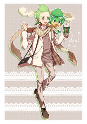 Rule 34 | 1boy, :d, aged up, bag, border, brown footwear, brown sweater, character name, cilan (pokemon), commentary request, creatures (company), cup, disposable cup, game freak, gen 5 pokemon, green eyes, green hair, hands up, happy, holding, holding cup, jacket, long sleeves, male focus, nintendo, no sclera, open clothes, open jacket, open mouth, pansage, pants, pokemon, pokemon (anime), pokemon (creature), pokemon bw (anime), sasairebun, scarf, shoes, smile, star (symbol), sweater, white border