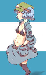 Rule 34 | 1girl, bad id, bad pixiv id, black bra, black panties, black thighhighs, blue background, blue hair, blush, bra, breasts, cleavage, cowboy shot, green hat, hair bobbles, hair ornament, hands in pockets, hat, highres, jacket, kawashiro nitori, midriff, navel, non (z-art), panties, profile, red eyes, short hair, short twintails, skirt, small breasts, solo, thighhighs, touhou, twintails, two-tone background, underwear, white background