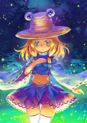 Rule 34 | 1girl, blonde hair, blue eyes, breasts, crop top, crop top overhang, dress, glowing, hat, midriff, moriya suwako, navel, shirt, skirt, small breasts, smile, solo, taut clothes, taut shirt, thigh gap, thighhighs, touhou, tree, white thighhighs, zimajiang