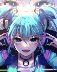 Rule 34 | 1girl, 58 (opal 00 58), :d, bad id, bad twitter id, black choker, blue eyes, blue hair, blue jacket, blue nails, cardiogram, choker, eye focus, face, hair between eyes, hands up, hatsune miku, headphones, heartbeat, highres, jacket, lips, long hair, looking at viewer, multiple views, nail polish, open mouth, sidelocks, smile, twintails, vocaloid, zoom layer
