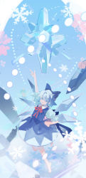 Rule 34 | 2girls, arm up, back bow, barefoot, blue bow, blue dress, blue eyes, blue hair, bow, chinese commentary, cirno, closed mouth, collared shirt, commentary, cryokinesis, daiyousei, danmaku, detached wings, dress, finger gun, full body, hair between eyes, hair bow, hand on own hip, highres, ice, ice wings, looking at viewer, multiple girls, neck ribbon, puffy short sleeves, puffy sleeves, red ribbon, ribbon, satonishi, shirt, short hair, short sleeves, smile, snowflakes, spell card, touhou, white shirt, wings