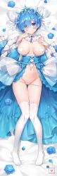 Rule 34 | 1girl, artist name, ayamy, blue eyes, blue flower, blue hair, blue rose, blunt bangs, blush, breasts, censored, closed mouth, dakimakura (medium), flower, frilled sleeves, frills, full body, groin, hair ornament, hand on own chest, hands up, heart, heart censor, highres, knees together feet apart, large breasts, looking at viewer, lying, navel, no bra, no shoes, on back, panties, panty pull, petals, raised eyebrows, re:zero kara hajimeru isekai seikatsu, rem (re:zero), rose, short hair, smile, solo, thigh gap, thighhighs, thighs, underwear, white panties, wide sleeves, x hair ornament