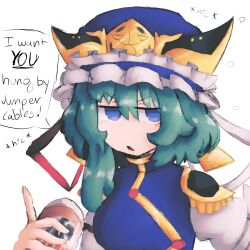 Rule 34 | 1girl, absurdres, beer can, blue eyes, blue hat, blue vest, can, commentary, drink can, drunk, english commentary, english text, epaulettes, frilled hat, frills, furrowed brow, green hair, hat, highres, holding, holding can, iesonatana, looking at viewer, medium hair, open mouth, shiki eiki, shirt, simple background, solo, speech bubble, squeans, touhou, upper body, v-shaped eyebrows, vest, white background, white shirt