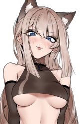 Rule 34 | 1girl, :3, :p, animal ears, blue eyes, blush, breasts, brown hair, cat ears, j.k., long hair, looking at viewer, medium breasts, original, personification, simple background, smile, solo, tongue, tongue out, underboob, white background
