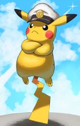 Rule 34 | :&lt;, black eyes, bright pupils, captain pikachu, closed mouth, clothed pokemon, cloud, commentary request, creatures (company), crossed arms, day, frown, game freak, gen 1 pokemon, hat, highres, jira (ziraiya26), looking up, nintendo, no humans, outdoors, pikachu, pokemon, pokemon (creature), sky, solo, white pupils