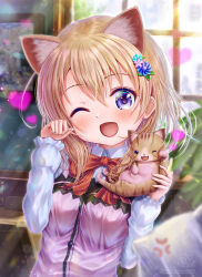 Rule 34 | 1girl, 2022, ;d, animal, animal ear fluff, animal ears, backlighting, blue eyes, blue flower, blush, bow, cat, cat ears, collared shirt, colored eyelashes, commentary, dated, day, flower, gochuumon wa usagi desu ka?, hair between eyes, hair flower, hair ornament, hands up, happy, heart, highres, holding, holding animal, hoto cocoa, indoors, kemonomimi mode, light rays, long sleeves, looking at viewer, medium hair, one eye closed, open mouth, orange hair, paw pose, pink flower, pink vest, rabbit house uniform, red bow, rouge (my rouge), shirt, signature, smile, solo, sparkling eyes, sunbeam, sunlight, tareme, twitter username, upper body, vest, white shirt, window